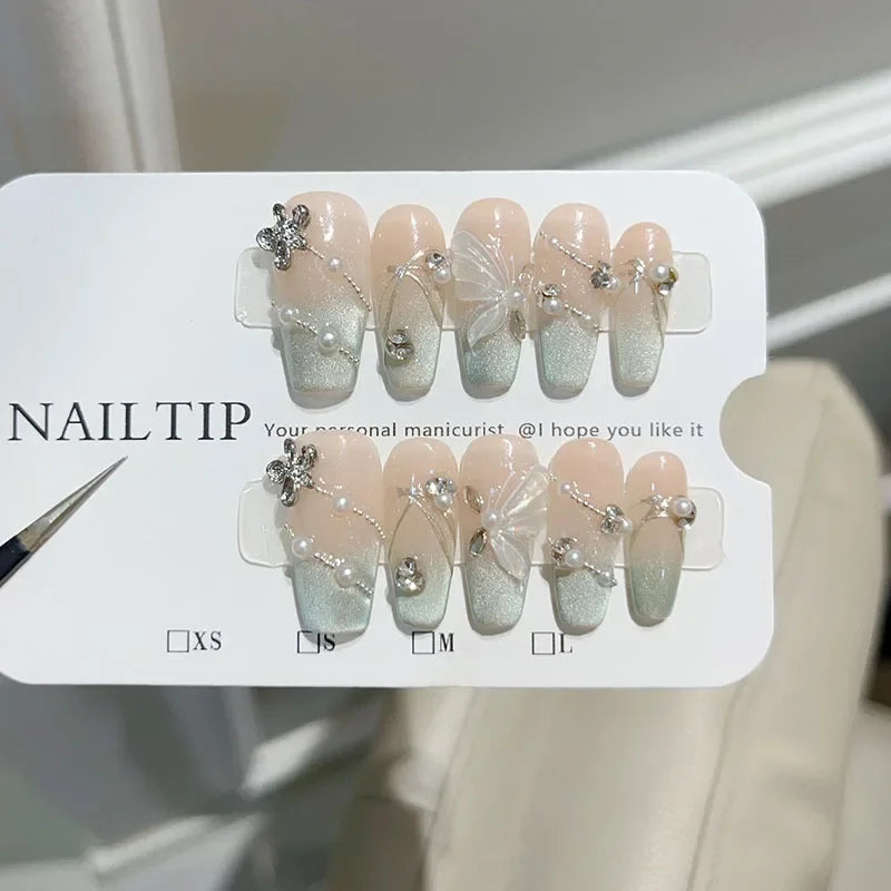 Hnewly 10Pcs Handmade  French Nails Set Press On  Flower Diamond Decoration Fake Nails Full Cover Removable Manicuree  XS S M L Size