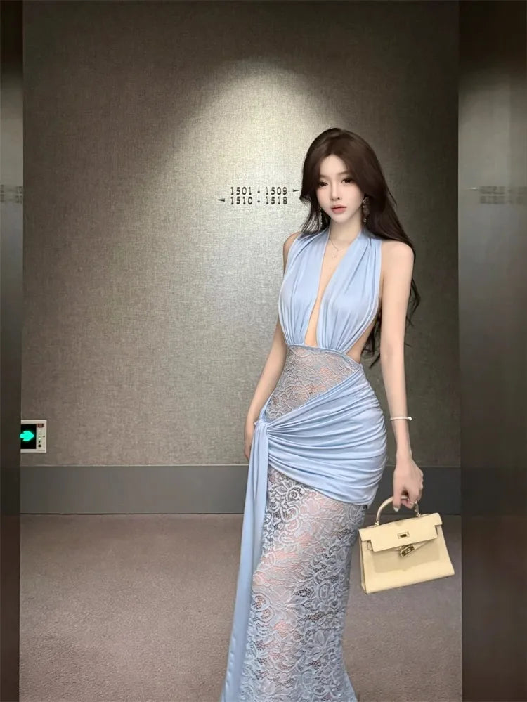 Hnewly  Women Dresses Lace Patchwork Sleeveless Halter Slim Backless Temperament Elegant Party Dress Female Club Cocktail Sexy