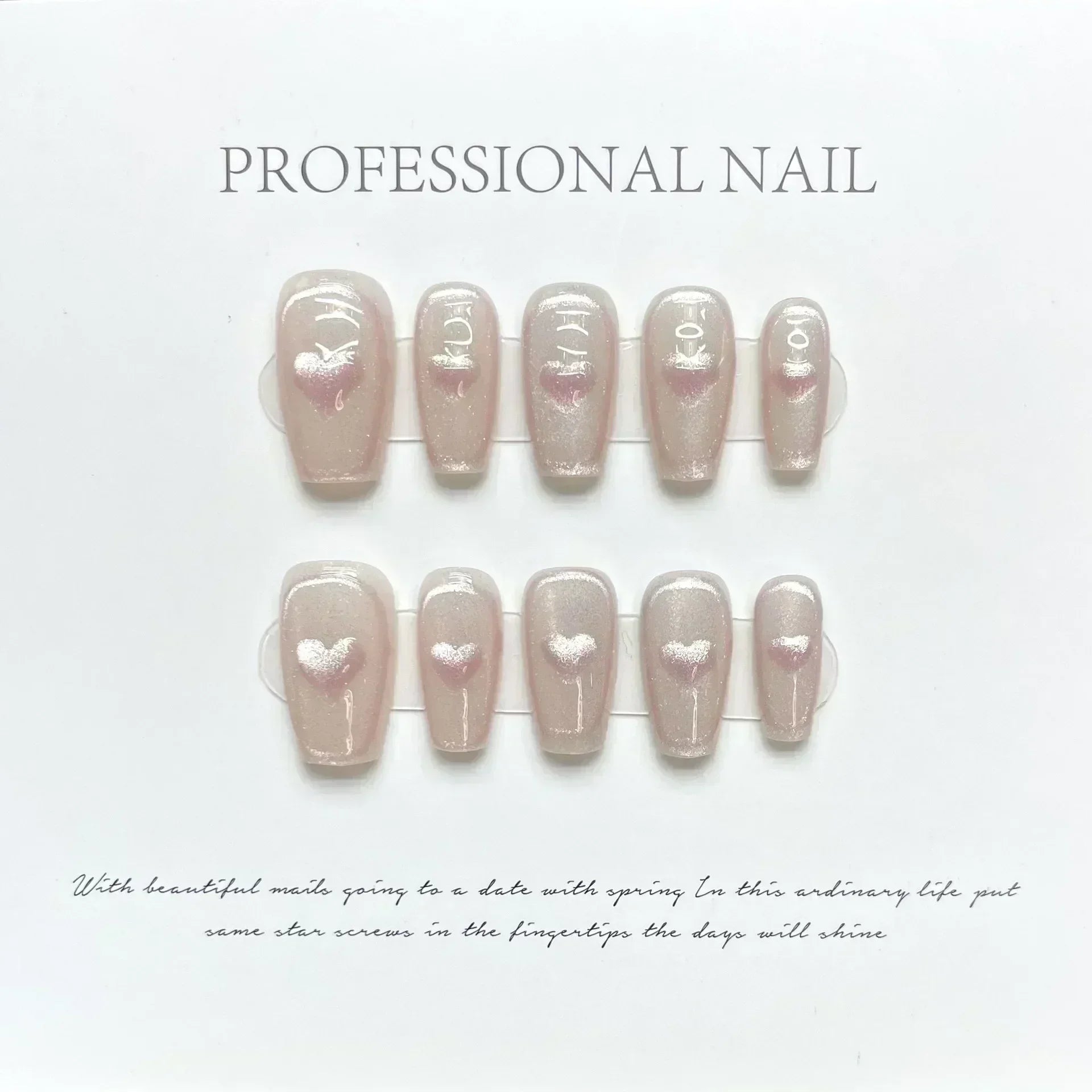 Hnewly 10Pcs Cat Eye Handmade Press On Nails with Gradient Design False Nails Full Cover French Ballerina Wearable Artificial Nail Tips