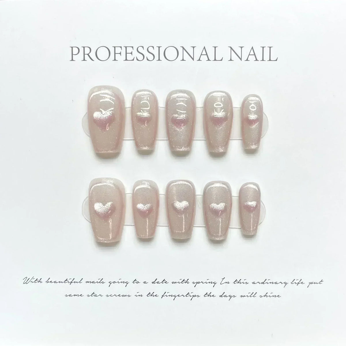 Hnewly 10Pcs Cat Eye Handmade Press On Nails with Gradient Design False Nails Full Cover French Ballerina Wearable Artificial Nail Tips