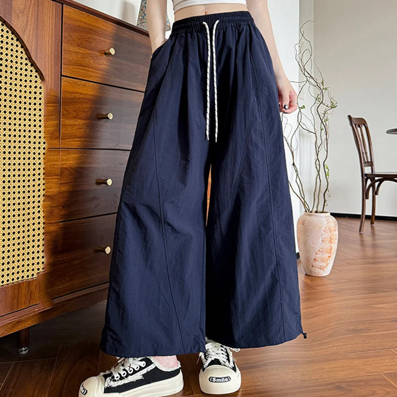 Hnewly  Ice Silk Bloomers Wide Leg Pants Women Summer Elastic High Waist Loose Trousers Woman Drawstring Pocket Casual Pants Mujer
