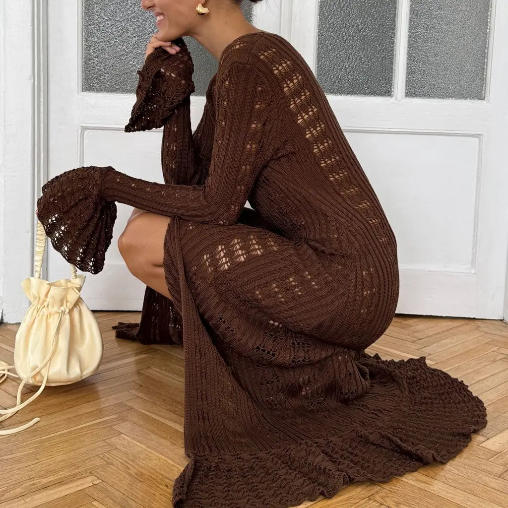 Hnewly Women Y2K Chic Flare Long Sleeve Aesthetic Button-down V-Neck Ruffle Hem Hollow Out Knitted Long Dress Boho Beachwear