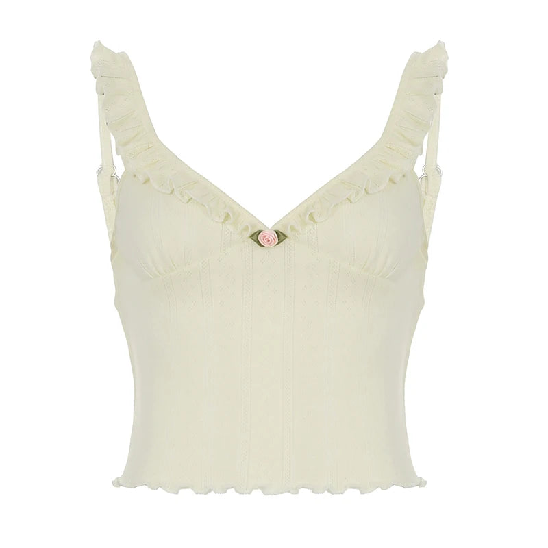 Hnewly Cute Coquette Ruffles V-neck Crop Top Women Casual Hollow Out Holes Sexy Tees Y2k Aesthetic Vest Summer Holiday Clothing