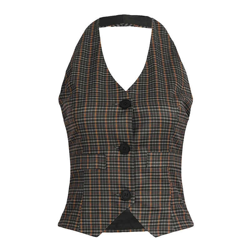 Hnewly Fashion Slim Fit Plaid Prints Women Tank Tops V-Neck Hottie Y2k Halter Backless Sexy Streetwear Style Tanks