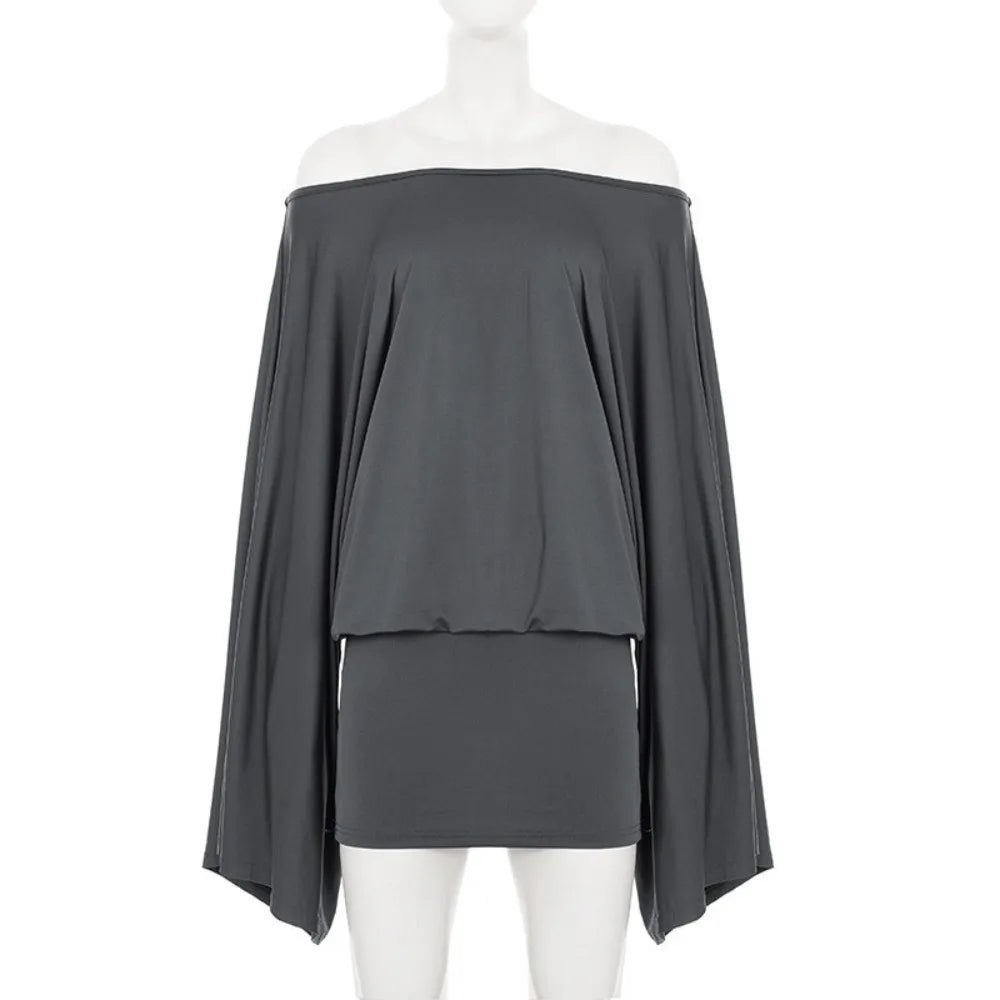Hnewly  Fashion Sexy Bodycon Dress Long Sleeve Slim Fit Off Shoulder Dress Simple Grey Batwing Sleeve Dress Spicy Girl