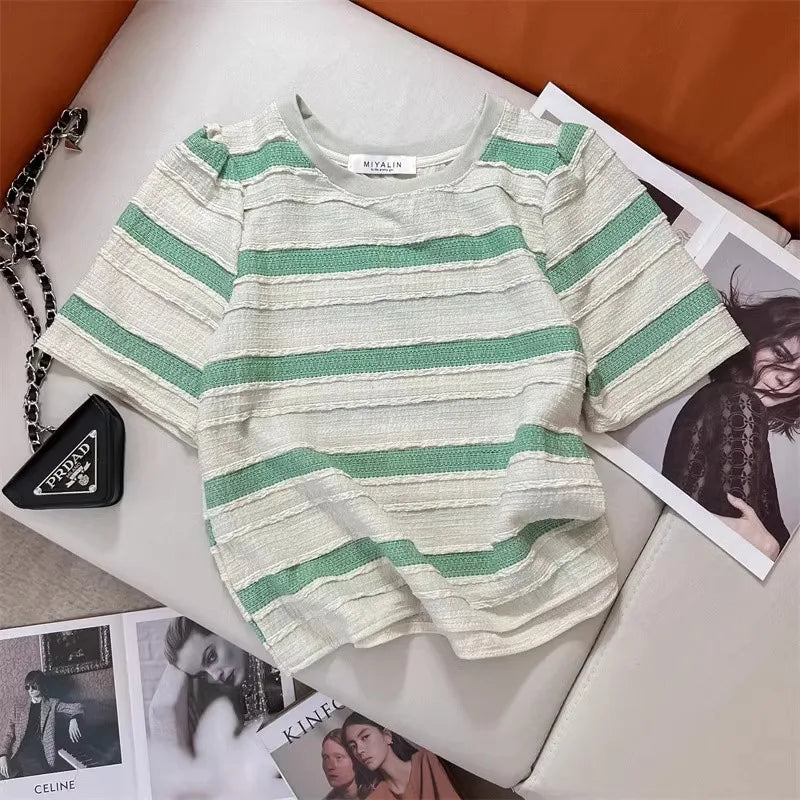 Hnewly  Pink Striped T-shirt Women's Sweet Dopamine  Korean Style Short Top Classic Round Neck Versatile Short Sleeved Tee