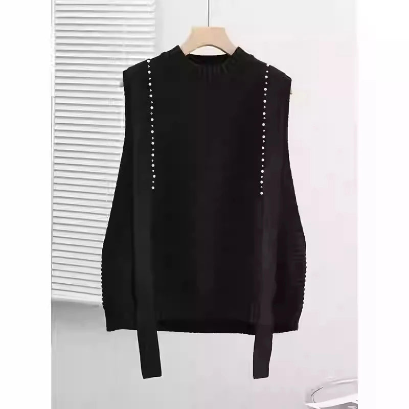 Hnewly  Elegant Bead Knitted Sweater Vest Women's Spring  Autumn Loose Versatile Comfortable Sleeveless Vest Casual Solid O-neck Top