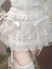 Hnewly  Sweet Kawaii Skirts Women Lolita Coquette Lace Bow Patchwork Mini Skirt White High Waist Cute Summer A-line Short Skirt