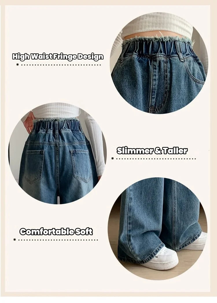 Hnewly Large Size Denim Trousers Women Trailing Straight Wide Leg Loose High Waisted Slim Lace Tassel Higher Pants