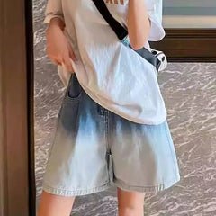 Hnewly  Korean Fashion Gradient Denim Shorts Women Summer Wide Leg Knee Length Jeans Woman Streetwear Pocket High Waist Shorts Female