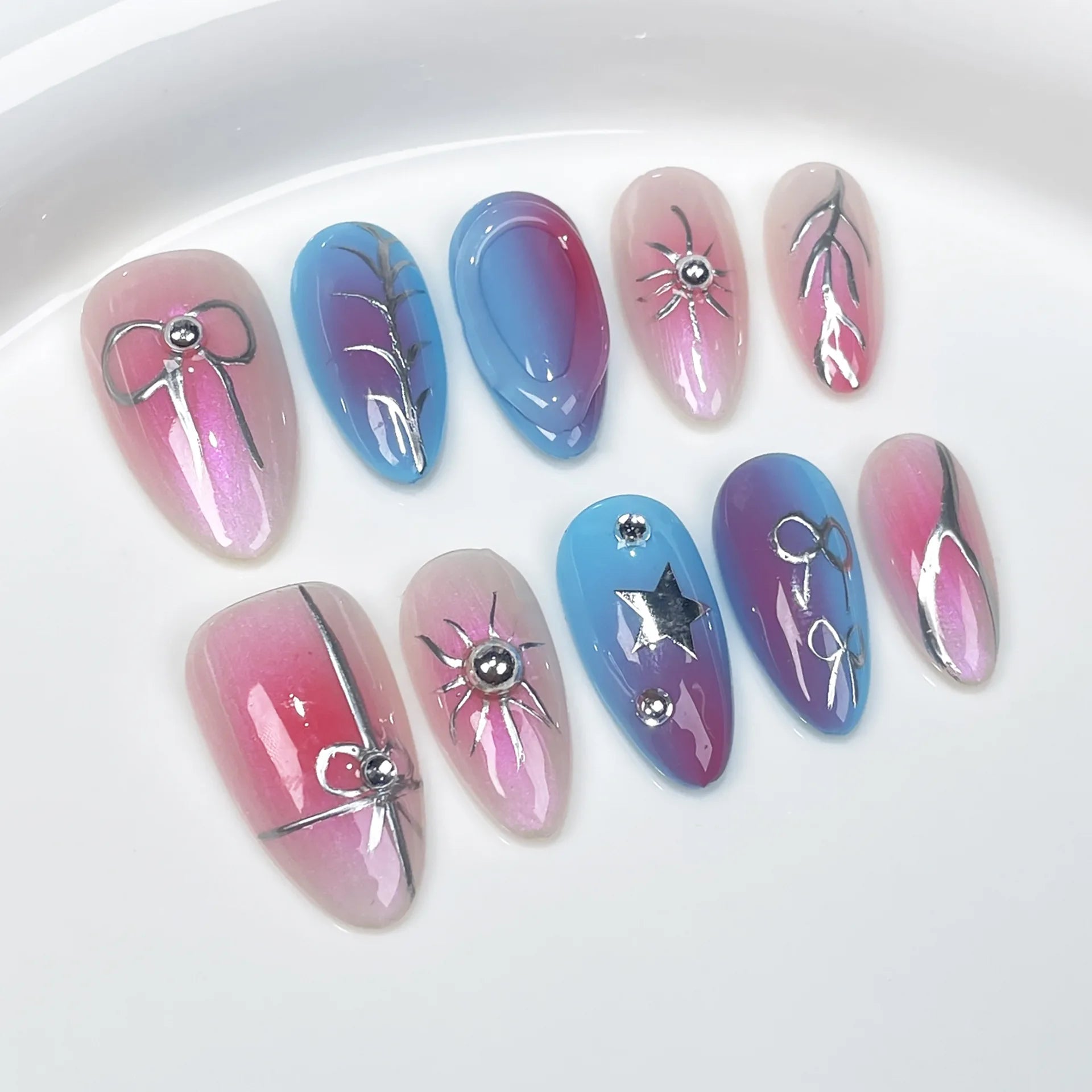 Hnewly 10pcs Blush Pink Fake Nail Patches Handmade Pearl Love Heart Press On Nails Planet Cross Designs Detachable Almond