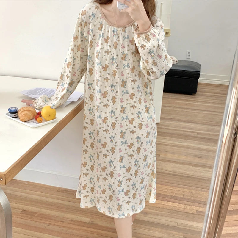 Hnewly Long Sleeve Nightgowns Women Floral Bow Temper Autumn Home Cozy Aesthetic O-neck Prairie Chic All-match Sleepwear Korean Style