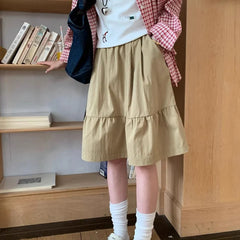 Hnewly  Japanese Style Elastic Waist A Line Skirt Women Summer High Waisted Knee High Skirts Woman College Pocket Solid Color Skirt