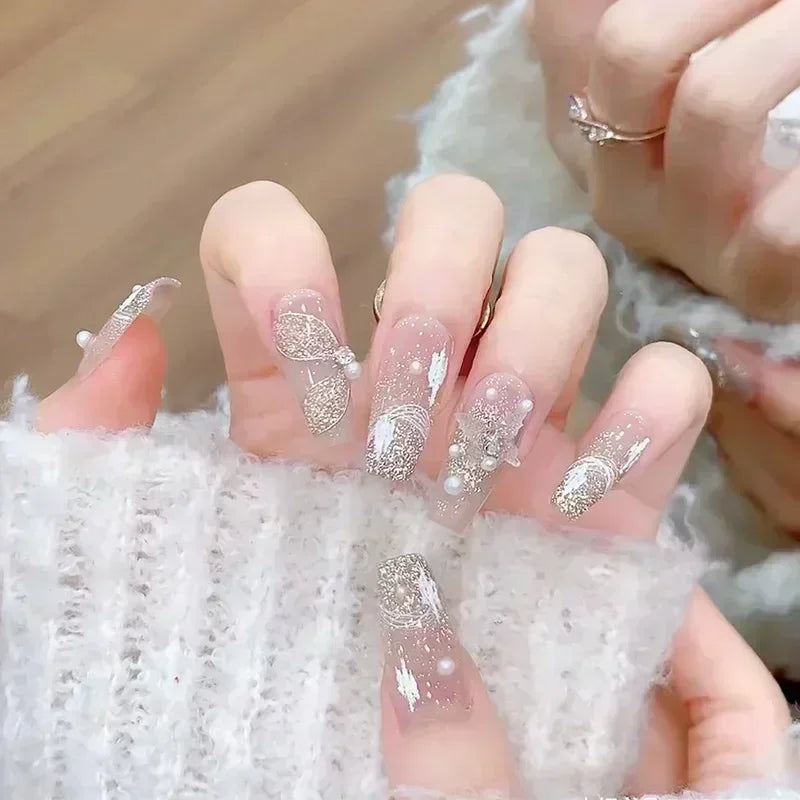 Hnewly 24pcs Detachable Short Press on Nails Y2k rhinestone False Nails with Glue Ballet Sweet Cool Girls Artificial False Nails Tips
