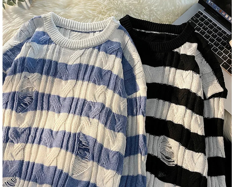Hnewly  Women Striped Retro Knitted Sweater Spring Autumn Loose Versatile Pullover Casual Fashion Holes Round Neck Long Sleeved Top