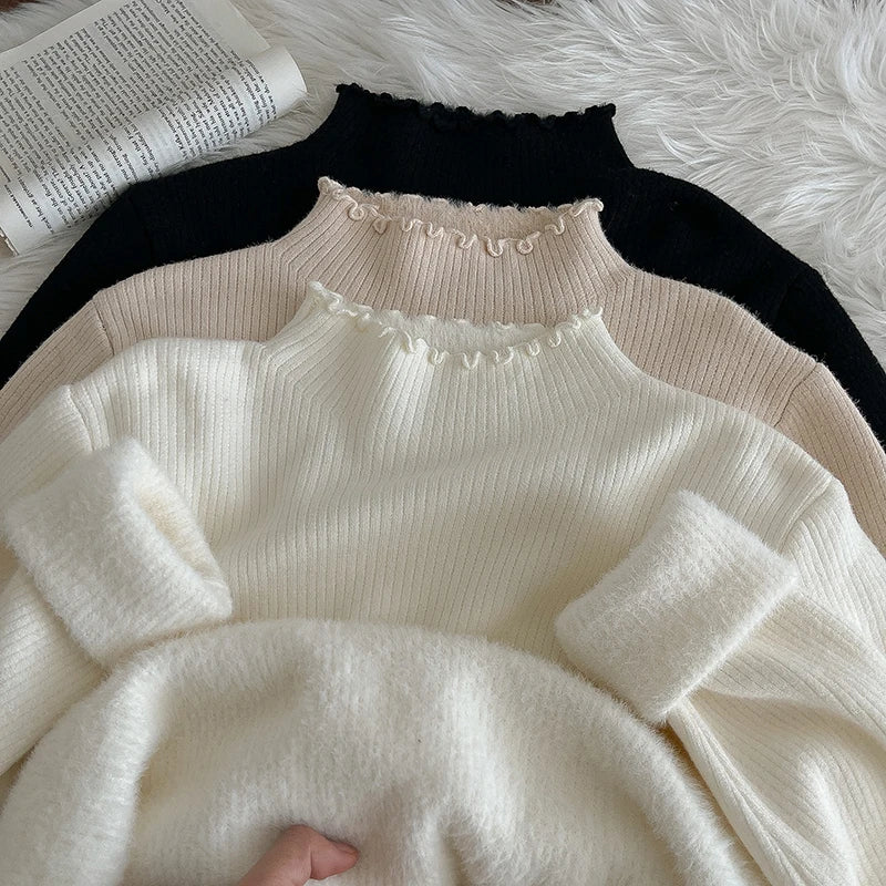 Hnewly  Lace Edge Half High Collar Sweater Autumn Winter New Women's Long Sleeve Top Warm Solid Color Slim Basic Knit Pullover