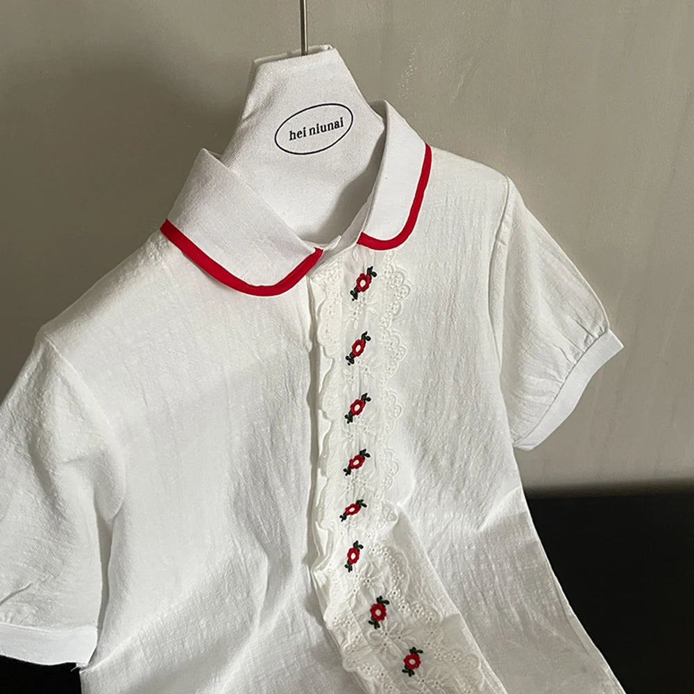 Hnewly  Embroidered Floral Lace Trim Shirt Women's Summer Casual Doll Collar Single-Breasted Tops Short Sleeves Versatile Thin Cardigan