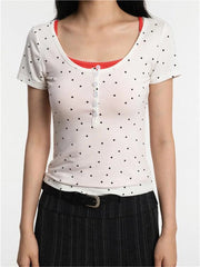 Hnewly  Summer Outfit Polka Dots Print Crop Top Sexy Korean Fashion Short Sleeve Tees Cute Button Up Tees Round Neck T Shirts Slim