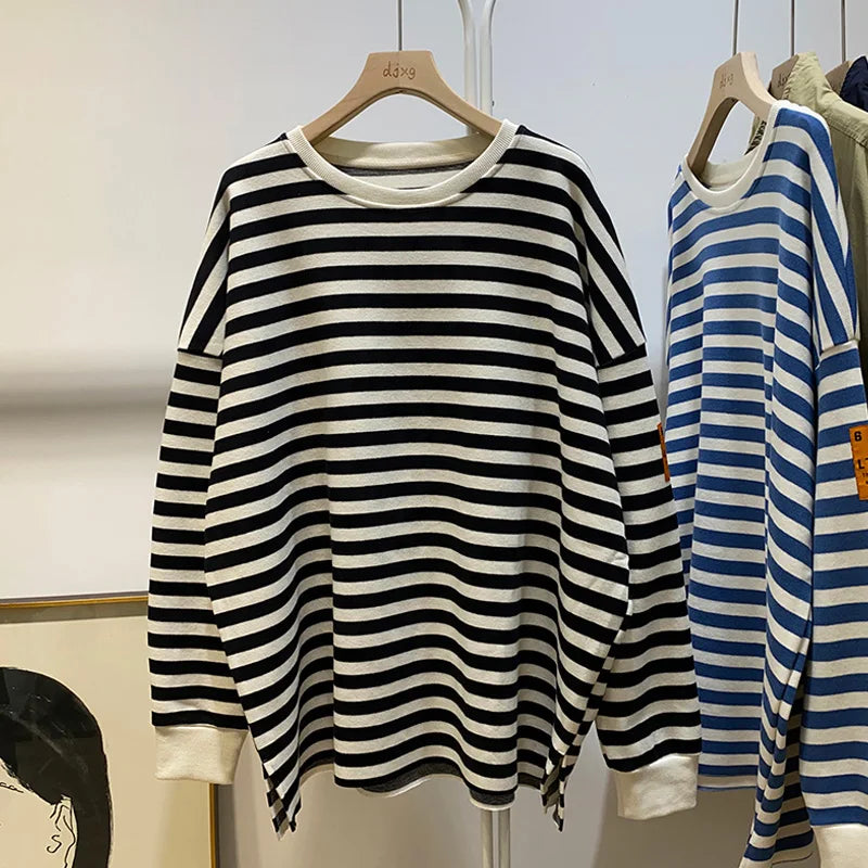 Hnewly  Spring Autumn Striped Sweatshirts  Women Casual Loose Long Sleeve Tops Korean Style Trend All-Matched Pullovers