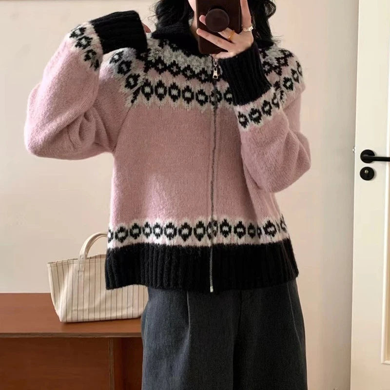Hnewly  Zip Up Fair Isle Sweater Cardigan Thick Warm Knit Zipper Front Sweater Jacket Cozy Knitwear Teen-girl Fall Winter Vintage Outfit
