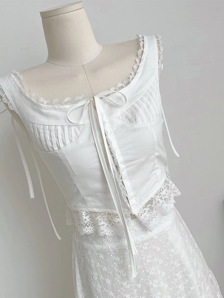 Hnewly Women Vintage 2 Pieces Sets Outfit Lace Patchwork Tie Up Bow Design Slim Crop Suspender Vest+A-line High Waist Pleated Skirts