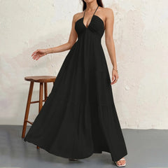 Hnewly  Ladies' Korean Style Temperment Sexy High Waist Maxi Sling Dress Chic Solid Color V-neck Beach Pleated Long A-line Skirt
