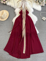 Hnewly  Temperament Hanging Neck Dress Elegant Hollow Out Backless Slit A-line Large Hem Dress Women's Beach Vacation Long Dress