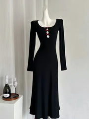 Hnewly French Elegant Retro Sweet One Piece Mini Party Dress Female Y2k Korean Fairy Lace Slim Dress Black Office Lady Autumn Winter