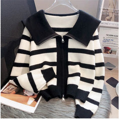 Hnewly  Women's Knitted Stripe Sweater Sweet Preppy Style Peter Pan Collar Cardigan Top Spring Autumn 2023 New Zipper Fashion Outwear