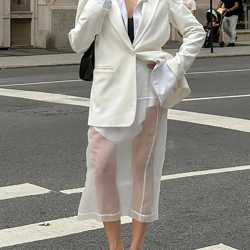 Hnewly White Mesh Half Skirt Design Sense Small and Medium Length High Waist Straight Tube Skirt Women's Wear