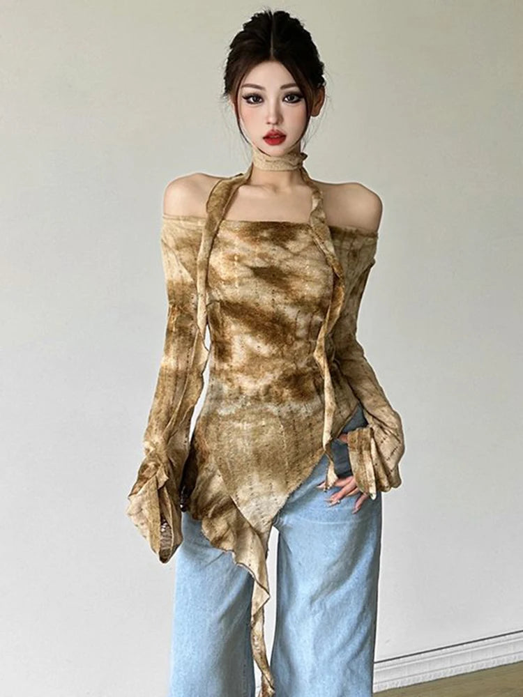 Hnewly Tie Dye Y2K T Shirts Women Sexy Off Shoulder Slim Gothic Tops Streetwear Vintage Long Sleeve Lace Up Lady Slash Neck Tees
