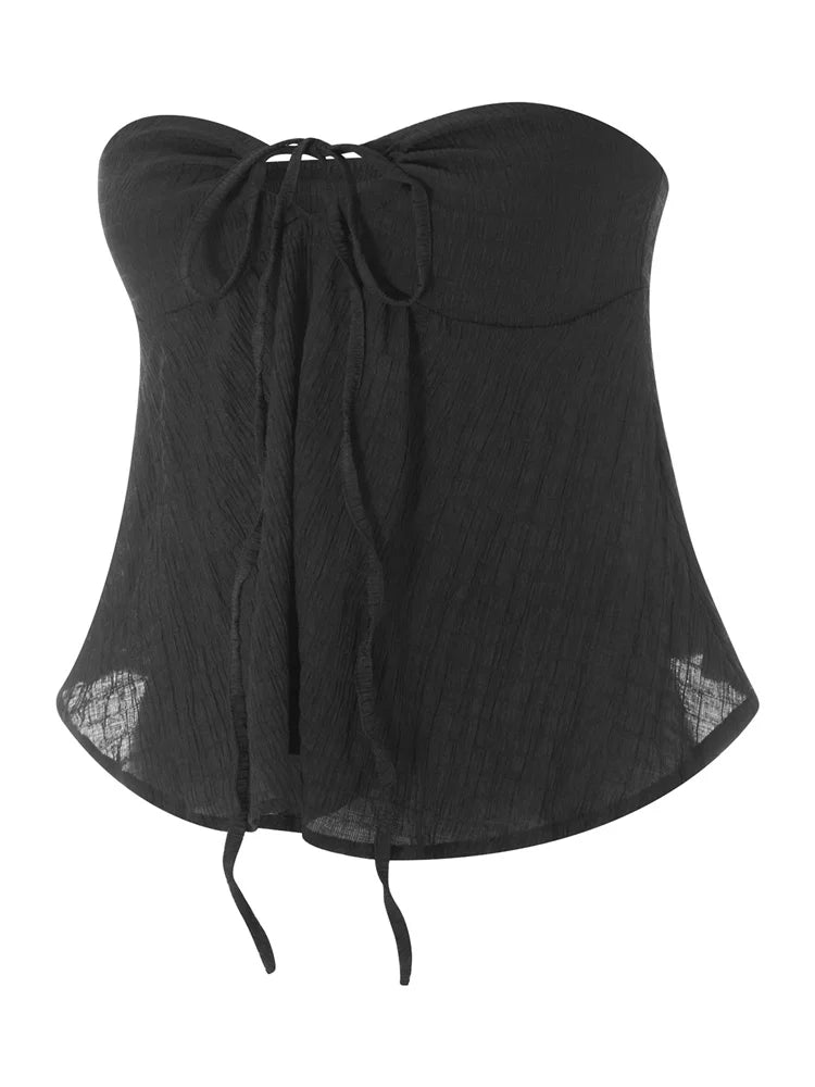 Hnewly Strapless Off Shoulder Ruched Tube Tops for Women Front Tie-up Ruffles Summer Party Clubwear Tank Mini Vest New