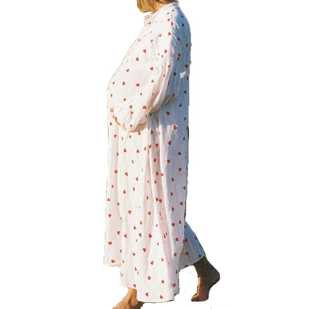 Hnewly  Red Heart Print Maternity Dress Photoshoot Vintage Long Sleeve Pregnancy Photography Gown Loose Fit Sweet Maternity Photo Outfit