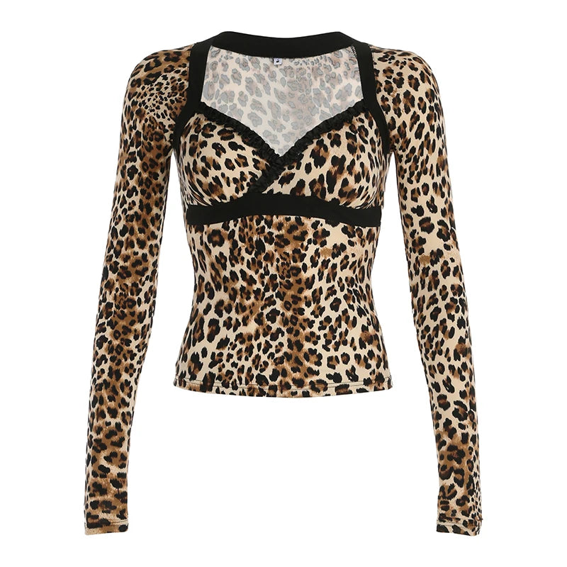 Hnewly Retro Leopard Print Crop Top y2k Vintage Square Collar Lace Stitching Full Sleeve T-shirt 2024 Autumn Harajuku Tees Lady