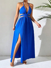 Hnewly  Royal Blue Halter Neck Maxi Dress With A-Line Silhouette Thigh Slit Sleeveless Pleated Cutout