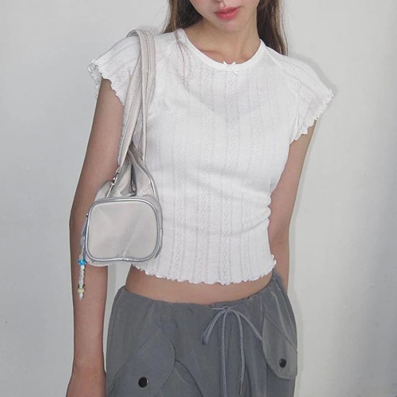 Hnewly y2k White Short Sleeve Cropped Top Sweet Ruched O Neck Skinny T Shirts Sexy Hollow Out See Through Women T-shirt Vintage