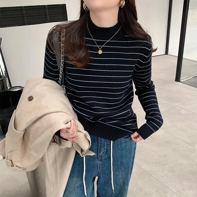 Hnewly  Half High Collar Striped Sweater Velvet Bottoming Shirts for Women's Autumn Winter Thicked Warm Pullover Slim Knitting Top