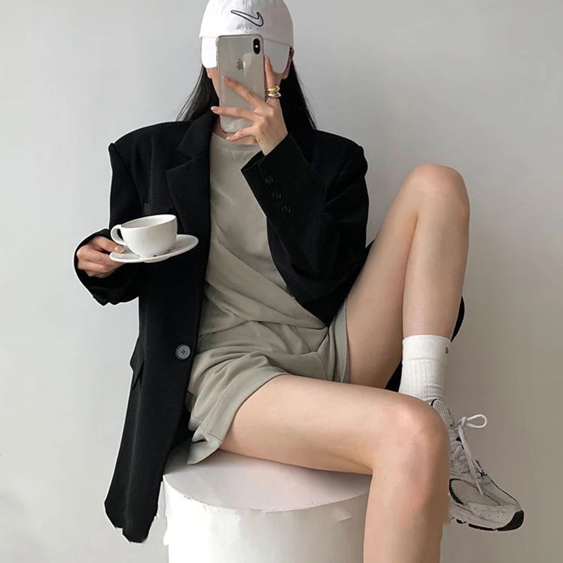 Hnewly Black Suit Jacket Women Loose Straight Long Sleeve Spring Fall  Fashion Outwear Basic Simple Korean Office Lady High Street Coat