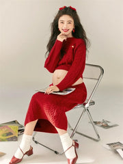 Hnewly  Women Maternity Dress for Photography Red Christmas Knitted Top with Skirt 2pcs Pregnancy Clothings for Studio Photoshoot Xmas