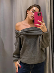 Hnewly  Sexy Women's Pullover Off the shoulder Skew Collar Solid Knitted Female Pullovers Autumn Fashion High Street Lady Outwears