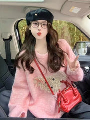 Hnewly  Cute Cartoon Pink Sweater Women Sweet Long Sleeve Knitted Kawaii Jumper Vintage Japan O Neck Lady Casual Lazy Wind Tops New