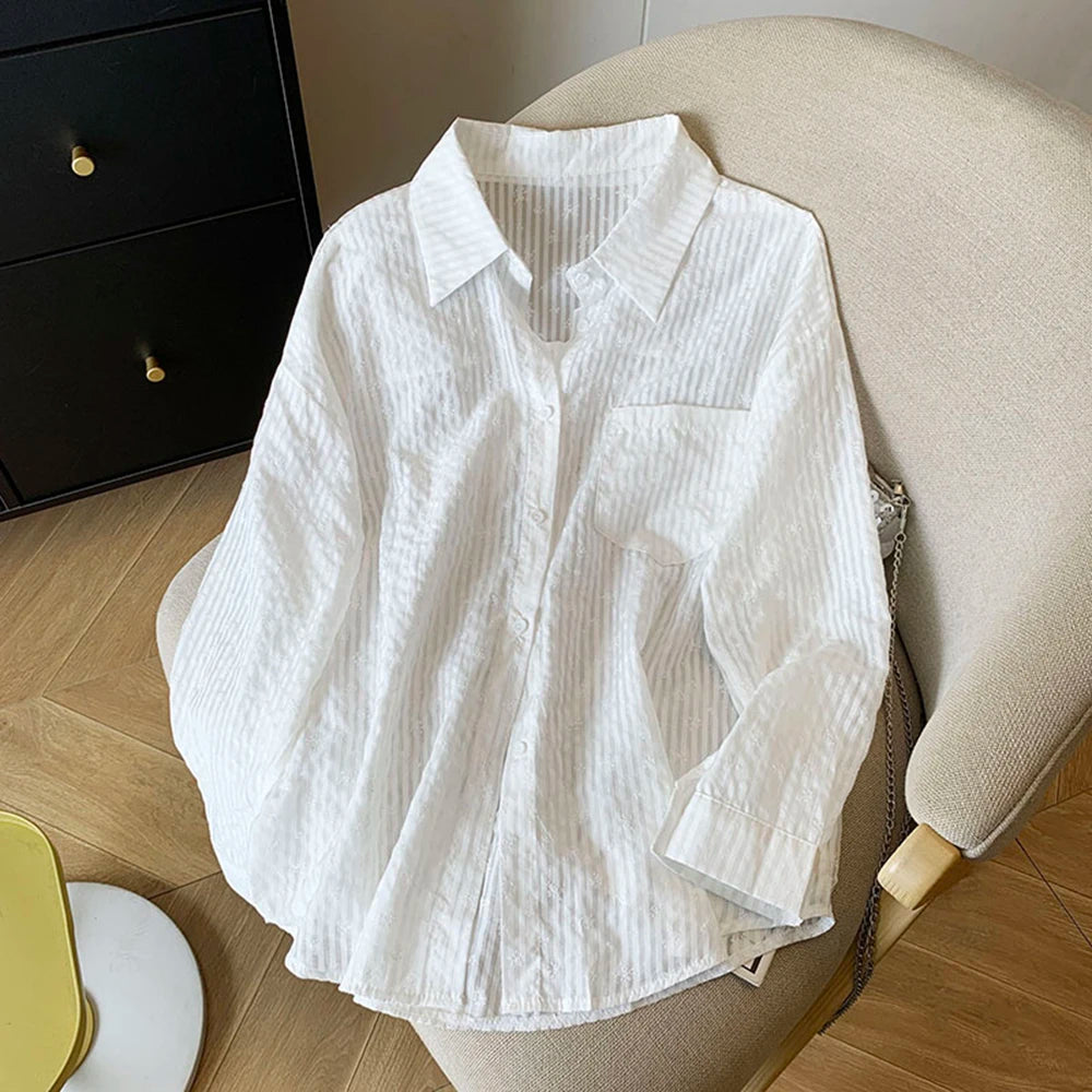 Hnewly  Pink Striped Sun Protection Shirt Women's Summer Thin Single-breasted Outwear Loose Fit Lazy Style Casual Open Front Female Tops