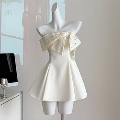 Hnewly  Fashion French One-shoulder Bowtie Dress Elegant Pearl Transparent Strap Dresses Women Zip-up A-Line Dress Evening Party Dress