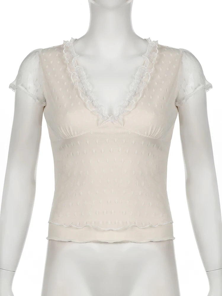 Hnewly Sweet Cute Lace Trim Mesh T Shirt Sexy Slim Deep V-Neck Short Sleeve Tees Women 2024 Summer Fashion Streetwear Ladies