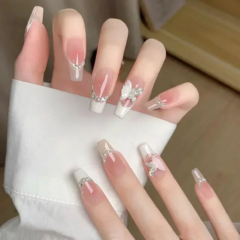 Hnewly 24Pcs False Nails French Gradient Ballet Fake Nails Press on Nails Black Heart Rhinestone Design Glitter Full Cover Nail Tips