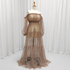 Hnewly  Brown Pearl Sequin Transparent Mesh One Shoulder Dress Maternity Dress Photoshoot Props Pregnant Women Photography Dress