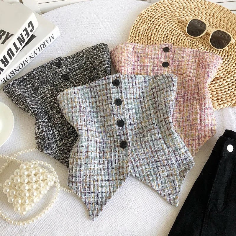 Hnewly  Retro Tweed Vest Elegant Off Shoulder Strapless Slim Irregular Short Top Women's Spring Summer Single Breasted Sleeveless Tank