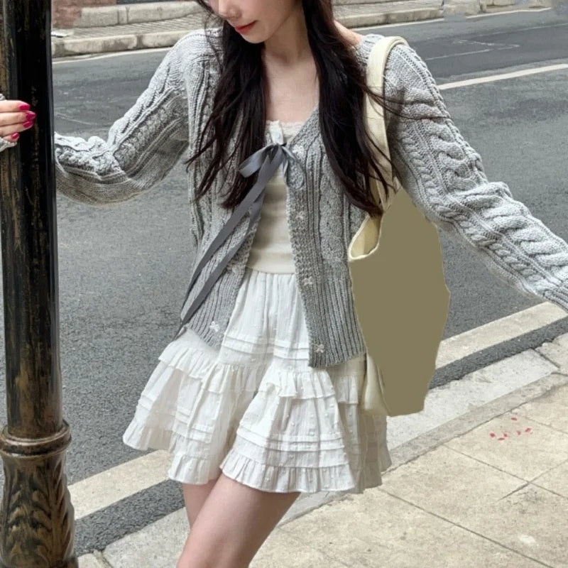 Hnewly Fairycore Sweater y2k Clothes Women Solid Color V Neck Long Sleeve Cardigan Knitted Tops 2000s Clothing Streetwear