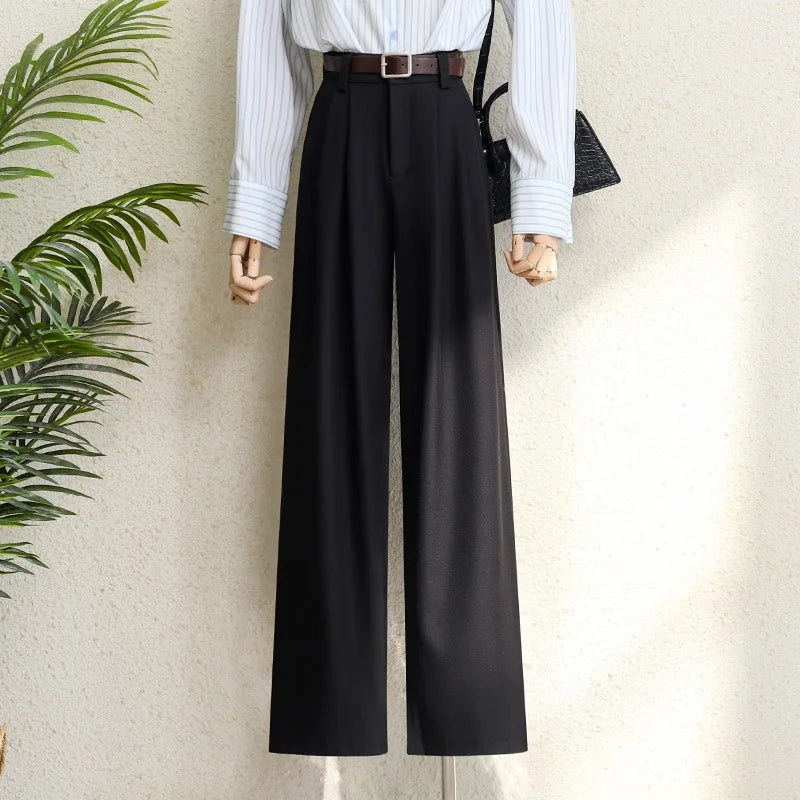 Hnewly Spring 2025 New Burgundy Suits Pants for Women Office Lady Elegant High Waist Wide Leg Fashion Trousers with Pockets Black Gray