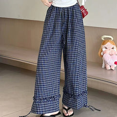 Hnewly  Summer Casual Plaid Long Pants for Women Drawstring Wide-Leg Pants Woman Loose Cotton Sports Pants for Women
